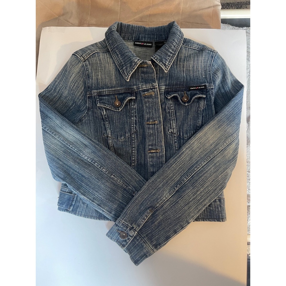 DKNY Jeans Denim Jacket Women's Large Cropped Stretch Blue Trucker Button Front